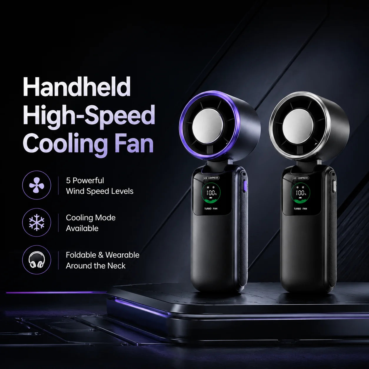 Portable Cooling Fan, 5-Speed Strong Wind Foldable Neck Hanging Fan, 9H Long Battery 4000mAh Mini Air Cooler for Travel & Outdoo