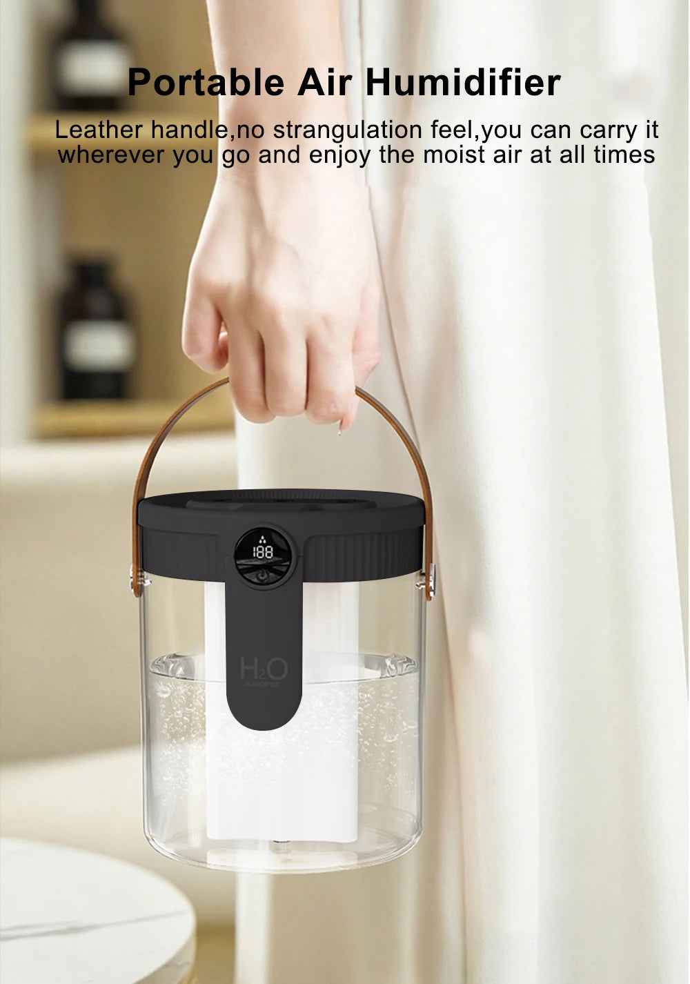 1.5L Air Humidifier Large Capacity Home Humidifier Silent Mist Maker 1800mAh Battery USB Rechargeable Humidifier with LED Light
