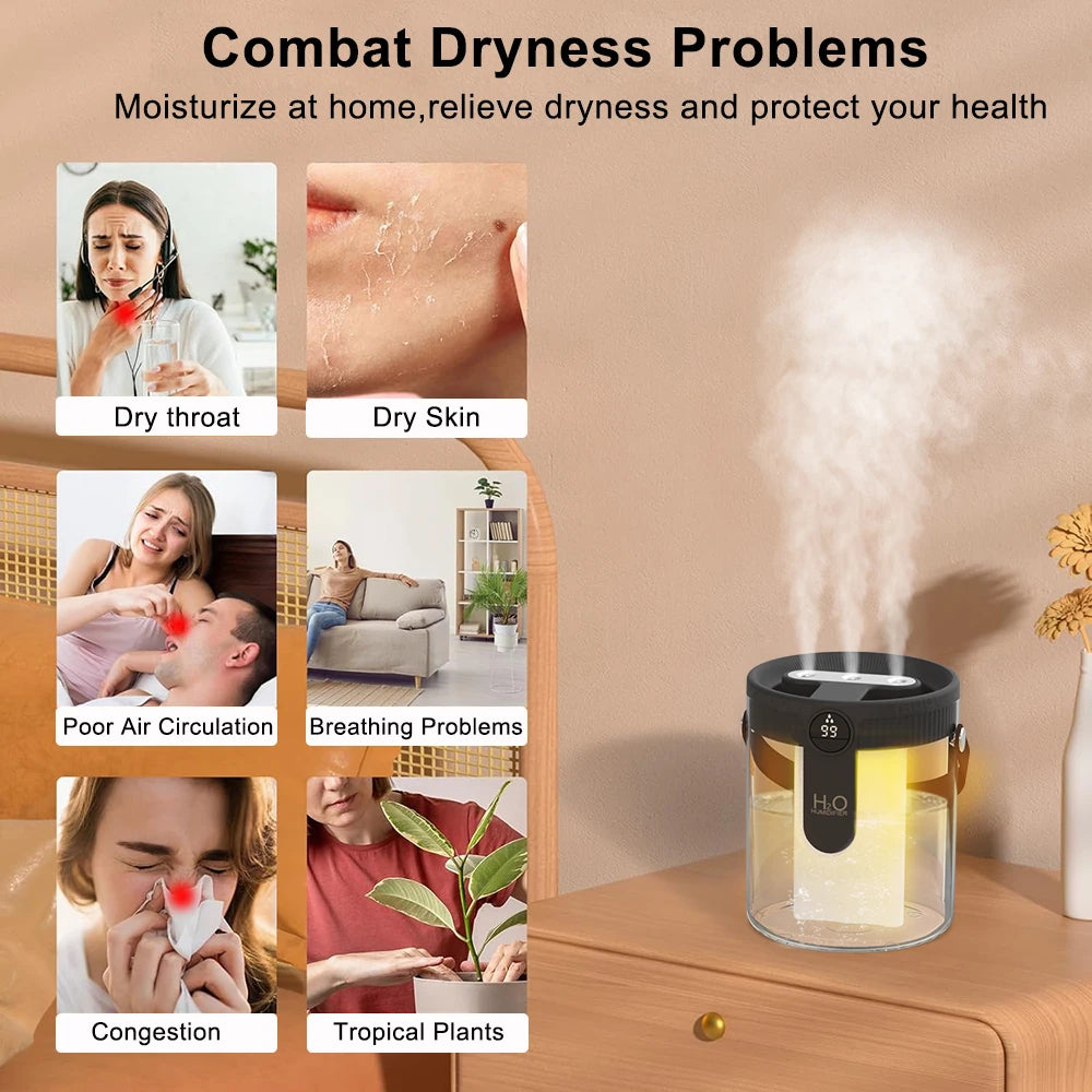 1.5L Air Humidifier Large Capacity Home Humidifier Silent Mist Maker 1800mAh Battery USB Rechargeable Humidifier with LED Light