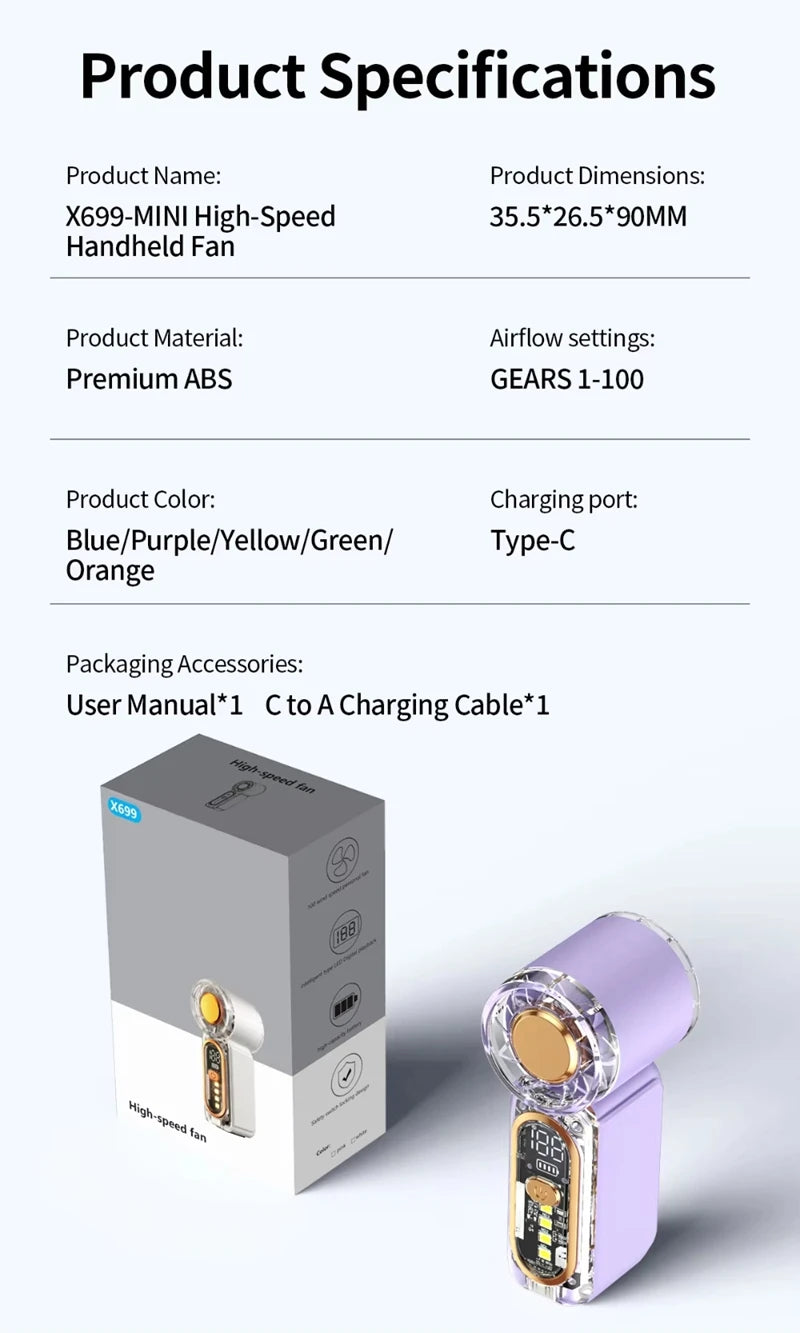 Lenovo Mini Handheld Fan 100 Speed Turbo Wind Gun USB Rechargeable Portable Outdoor Cooling Device 2026 New